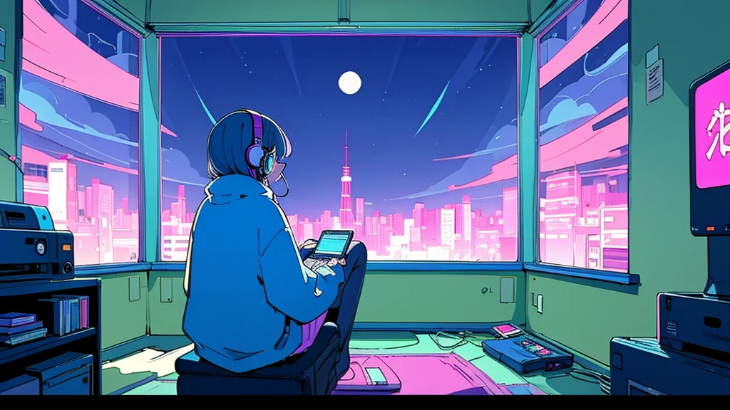 (From behind), Anime girl sitting in front of a computer in a cozy bedroom, Girl listening to music in a cozy room (night), Use headphones, On the roof, (beautiful night views from windows), Lots of things, 2D Anime Style, The aesthetics of anime in the 90s, Lo-Fi, Very detailed, hard disk, A mix of anime style and Fujifilm, Surreal, 8k, masterpiece