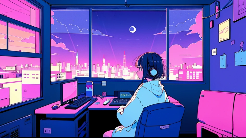 (From behind), Anime girl sitting in front of a computer in a cozy bedroom, Girl listening to music in a cozy room (night), Use headphones, On the roof, (beautiful night views from windows), Lots of things, 2D Anime Style, The aesthetics of anime in the 90s, Lo-Fi, Very detailed, hard disk, A mix of anime style and Fujifilm, Surreal, 8k, masterpiece