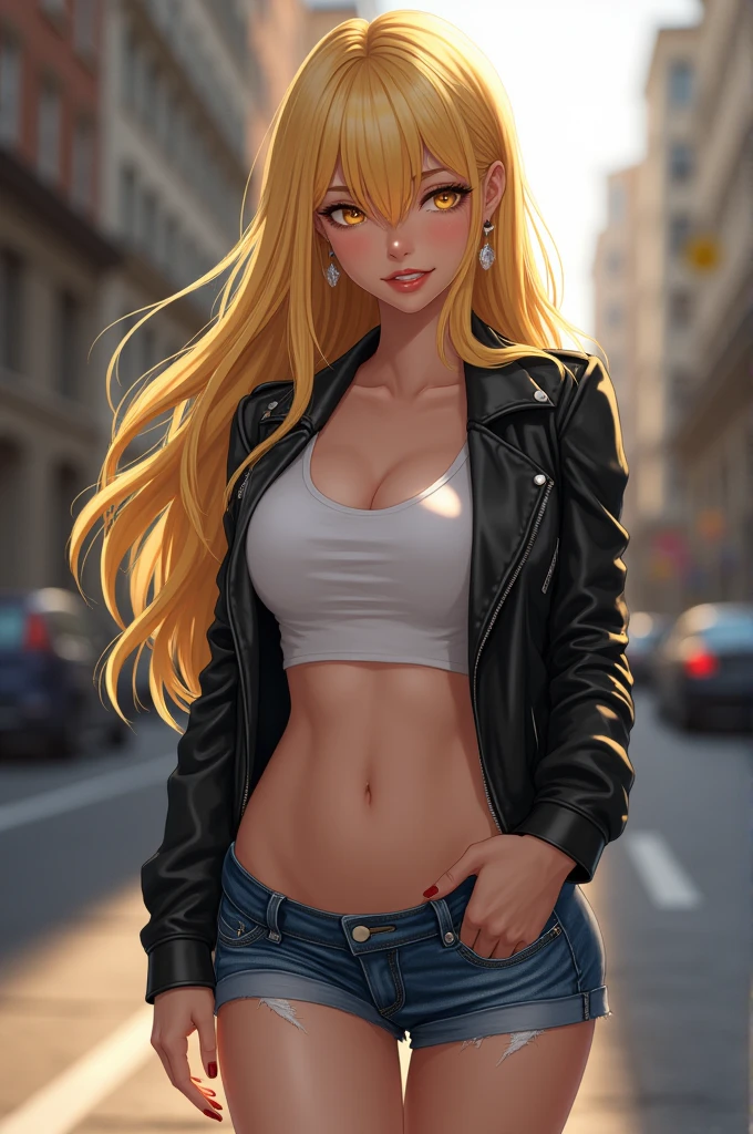 (Masterpiece), Best Quality, ultra-detailed, 1girl (lusamine, Slender and sexy body, Big and pretty breasts, blonde_hair, very long hair (hair over one eye:1.3), yellow eyes, half-closed eyes), a seductive face, wicked smile, parted lips, solo, black leather jacket, white tank_top, navel, denim hot pants, outdoors, street, standing, Sexy waist teasing