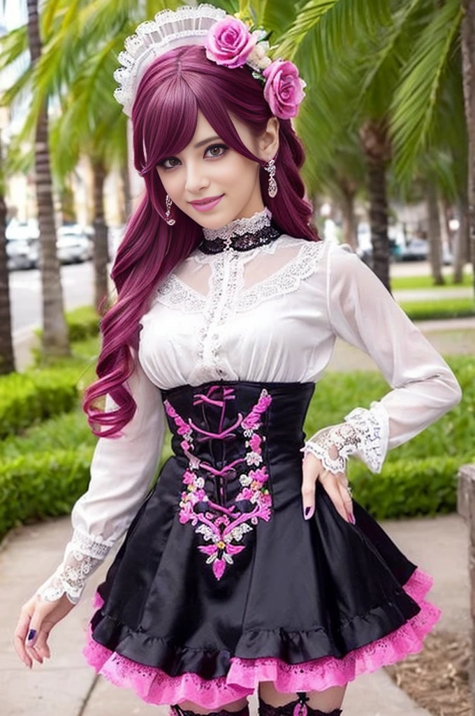 sexy stylish Spanish model, only 1 female, ((doll-like appearance)), long neon pink stylish hair, ((ultra detailed Victorian-Style boots)), beautiful smile, ultra detailed eyes, vivid eye makeup, lipgloss, long lashes, defined eyebrows, ((sexy Paradise Kiss cosplay)), bell-shaped skirt, petticoats, high neckline, puffed sleeves, (( ultra detailed lace)), ((ultra detailed embroidery)), intricate details, Paradise Kiss accessoires and matching headpiece, choker, ((large sparkling Paradise Kiss jewelry)), cinematic light, detailed large park background with trees 、大きなイヤリング、リボン付きツインテール、((ニップレス))、(パンチラ)