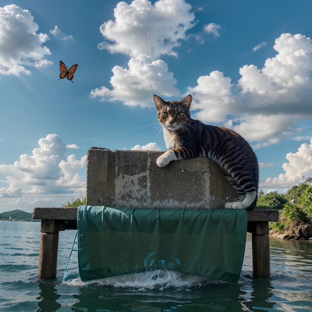 8K, ultra hd, masterpiece, hd colors, cat, cats, Realistic scenery, clouds, Butterfly, flowing wind, sitting in the water, cute, funny, cute cat, sri lankan flag, sri lankan cat, sri lanka