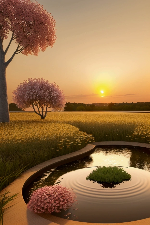 A stunning 3D render illustration of a serene spring rain at sunset. The scene features a tranquil lake with a gentle stream flowing into it, surrounded by blossoming wildflowers and lush greenery. The sky is painted with a warm golden hue, casting a soft glow on the scene. In the distance, there's a silhouette of a small hill, with a single tree standing sentinel against the backdrop of the vibrant sunset., illustration, 3d render