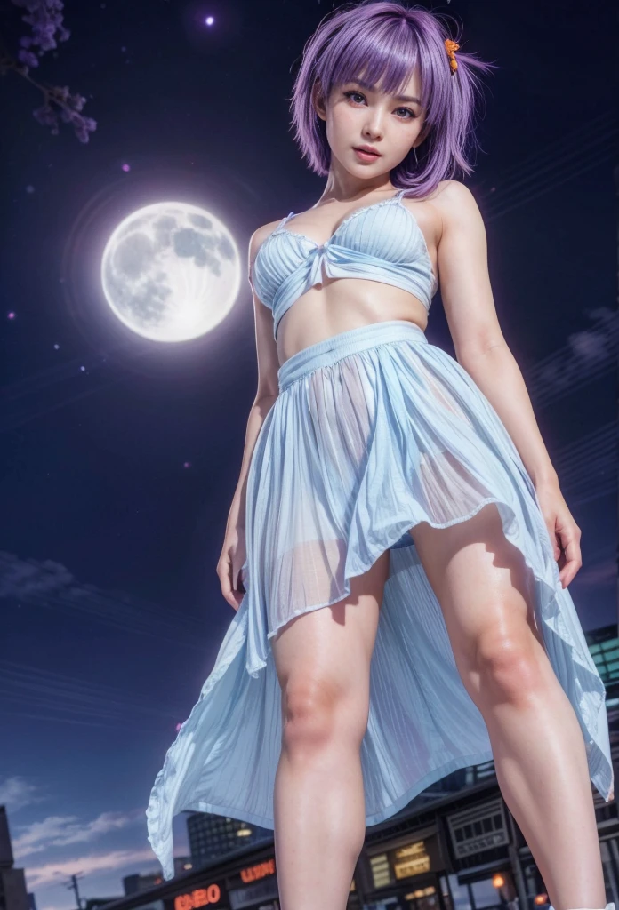 Ayane, purple hair, red eyes, (best quality, ultra-detailed), (realistic:1.37), beautiful and detailed face, ultra-realistic texture, delicate face, delicate body, red lipstick, long-lasting colors. high definition, 8K. expression with a sexy look