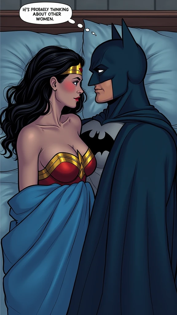 couple, wonderwoman and Batman lying in bed under blankets turned away from each other, seen from above, wearing pajamas , wonderwoman turning towards Batman, thinking bubble above her head with text "He's probably thinking about other women.", open eyes , thinking bubble above man's head with text "How do I earn more FREE CREDITS?"