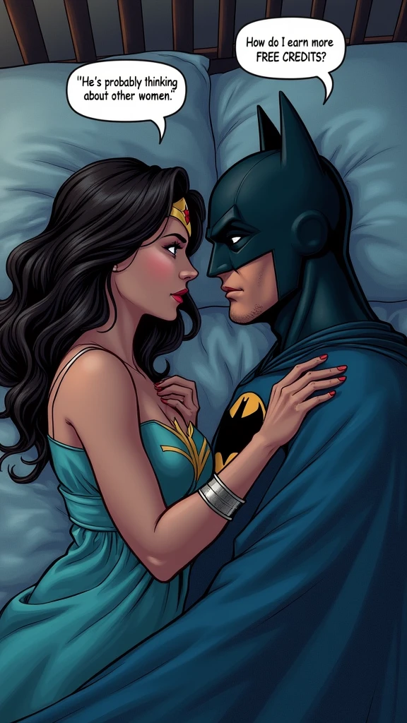 couple, wonderwoman and Batman lying in bed under blankets turned away from each other, seen from above, wearing pajamas , wonderwoman turning towards Batman, thinking bubble above her head with text "He's probably thinking about other women.", open eyes , thinking bubble above man's head with text "How do I earn more FREE CREDITS?"