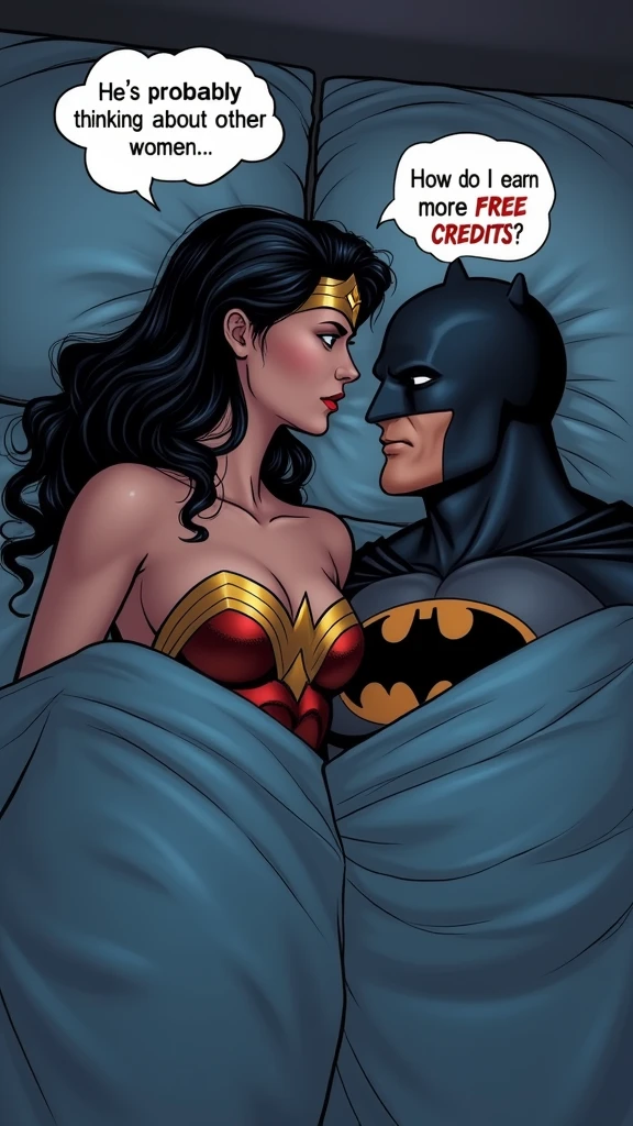 couple, wonderwoman and Batman lying in bed under blankets turned away from each other, seen from above, wearing pajamas , wonderwoman turning towards Batman, thinking bubble above her head with text "He's probably thinking about other women.", open eyes , thinking bubble above man's head with text "How do I earn more FREE CREDITS?"