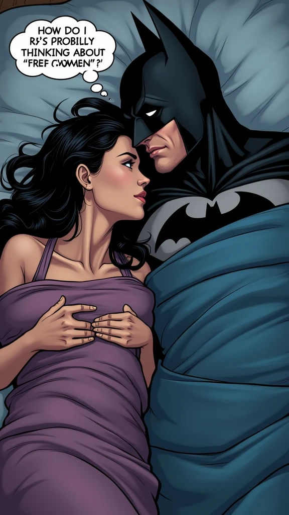 couple, wonderwoman and Batman lying in bed under blankets turned away from each other, seen from above, wearing pajamas , wonderwoman turning towards Batman, thinking bubble above her head with text "He's probably thinking about other women.", open eyes , thinking bubble above man's head with text "How do I earn more FREE CREDITS?"