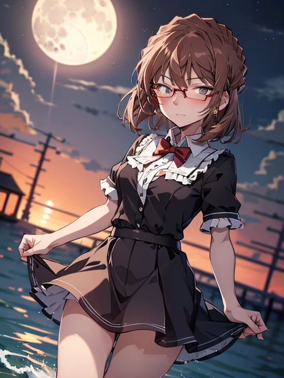 Moon, Red bow tie, Glasses, blush, Confession, (Moonlit Confession:1.5), The background is the seaside park, Night dress is cute, Beauty, Shortcuts, Haibara Ai, Brown Hair, (masterpiece), highest quality, 1girl, uhd, retina, masterpiece, ccurate, anatomically correct, textured skin, super detail, high details, high quality, best quality, highres, 4K