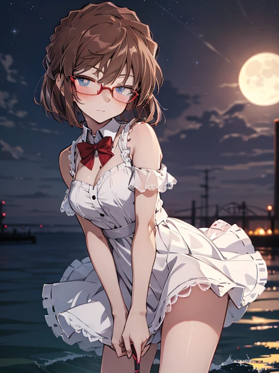 Moon, Red bow tie, Glasses, blush, Confession, (Moonlit Confession:1.5), The background is the seaside park, Night dress is cute, Beauty, Shortcuts, Haibara Ai, Brown Hair, (masterpiece), highest quality, 1girl, uhd, retina, masterpiece, ccurate, anatomically correct, textured skin, super detail, high details, high quality, best quality, highres, 4K