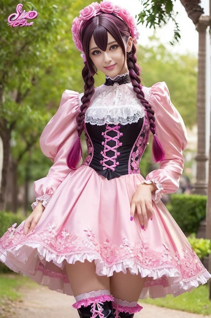 sexy stylish Spanish model, only 1 female, ((doll-like appearance)), long neon pink stylish hair, ((ultra detailed Victorian-Style boots)), beautiful smile, ultra detailed eyes, vivid eye makeup, lipgloss, long lashes, defined eyebrows, ((sexy Paradise Kiss cosplay)), bell-shaped skirt, petticoats, high neckline, puffed sleeves, (( ultra detailed lace)), ((ultra detailed embroidery)), intricate details, Paradise Kiss accessoires and matching headpiece, choker, ((large sparkling Paradise Kiss jewelry)), cinematic light, detailed large park background with trees 、大きなイヤリング、リボン付きツインテール、((ニップレス))、(パンチラ)