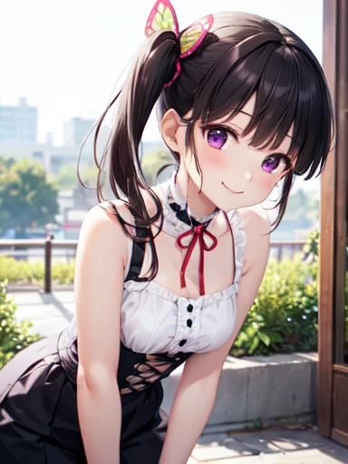 Very detailed, Kanao Tsuyuri, High resolution、Mouth closed、smile、Black Hair, butterfly, butterfly hair ornament, (Purple eyes:1.1), Side Ponytail,、全体的にLong Hair、1 girl, Long Hair, Brown Hair、Bright Eyes、pants＿Lolita Clothing、Absolute reference to the center、Leaning forward