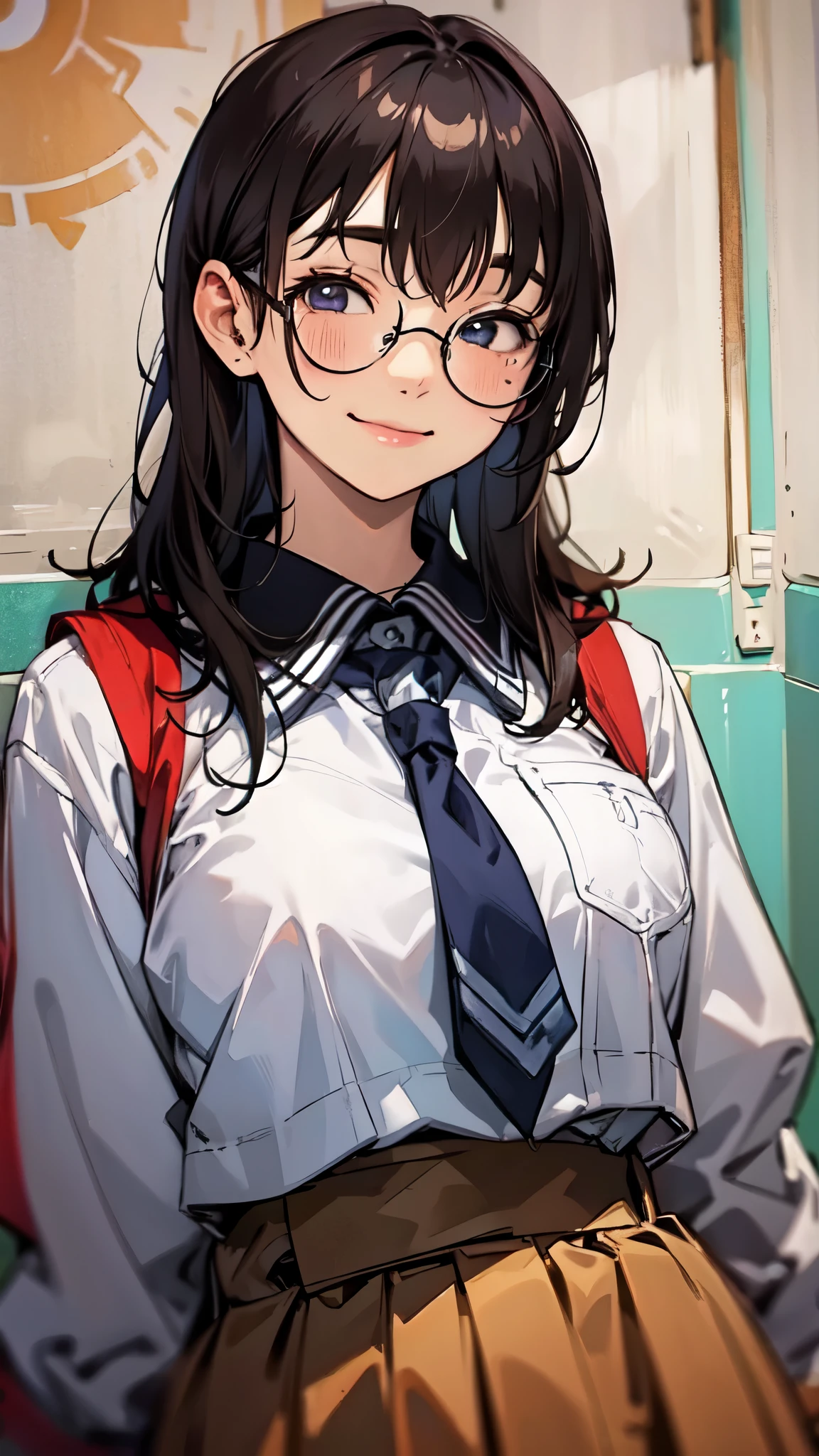 One girl、uniform、Glasses、Vulgar smile、Blushing cheeks、Highest quality、Masterpiece、Upper Body、Shooting with a wide-angle lens、solo