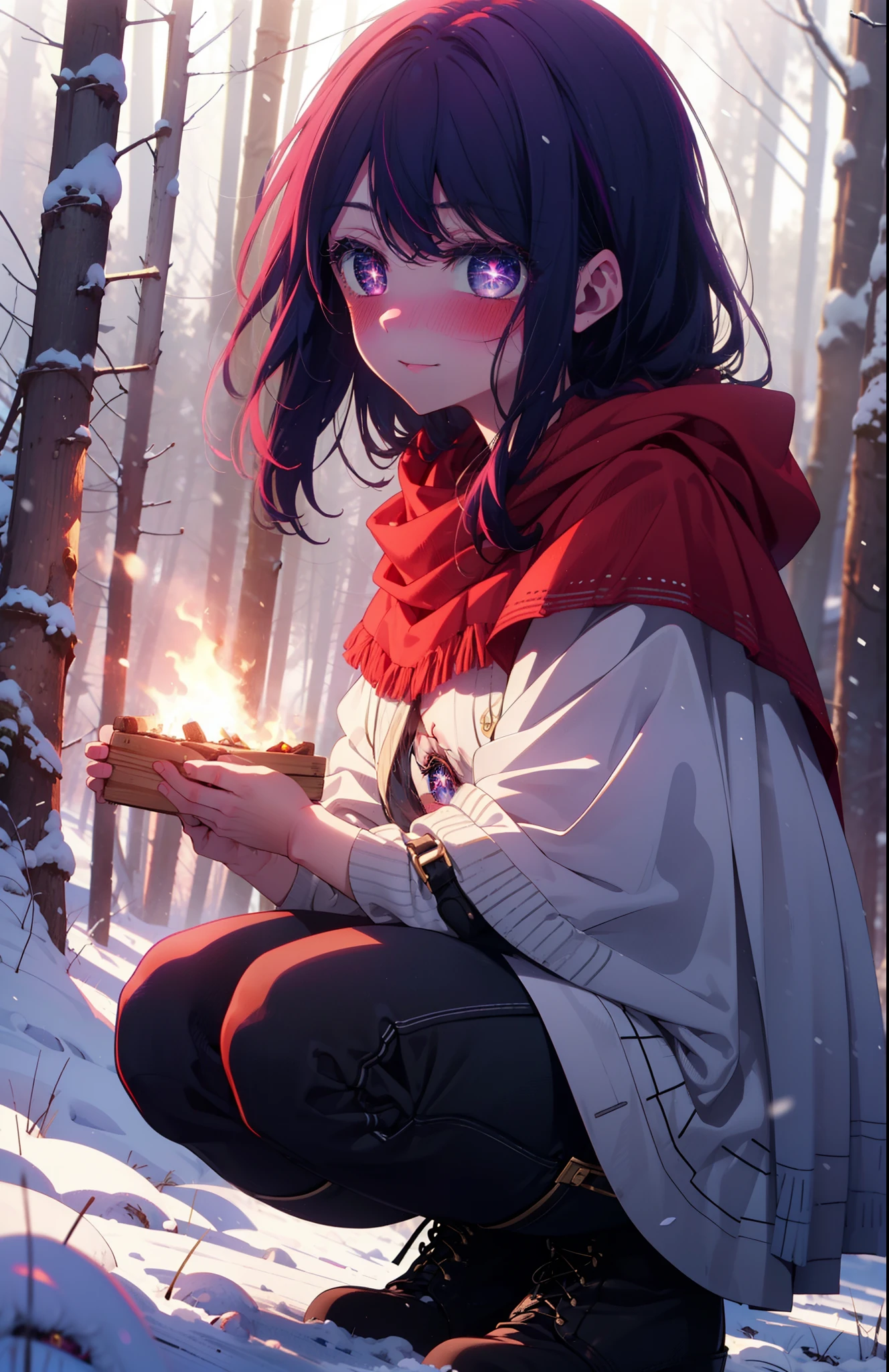 aihoshino, Ai Hoshino, Long Hair, bangs, (Purple eyes:1.1), Purple Hair, (Symbol-shaped pupil:1.5), smile,,smile,blush,white breath,
Open your mouth,snow,Ground bonfire, Outdoor, boots, snowing, From the side, wood, suitcase, Cape, Blurred, , forest, White handbag, nature, Squat, Mouth closed, Cape, winter, Written boundary depth, Black shoes, red Cape break looking at viewer, Upper Body, whole body, break Outdoor, forest, nature, break (masterpiece:1.2), Highest quality, High resolution, unity 8k wallpaper, (shape:0.8), (Beautiful and beautiful eyes:1.6), Highly detailed face, Perfect lighting, Highly detailed CG, (Perfect hands, Perfect Anatomy),