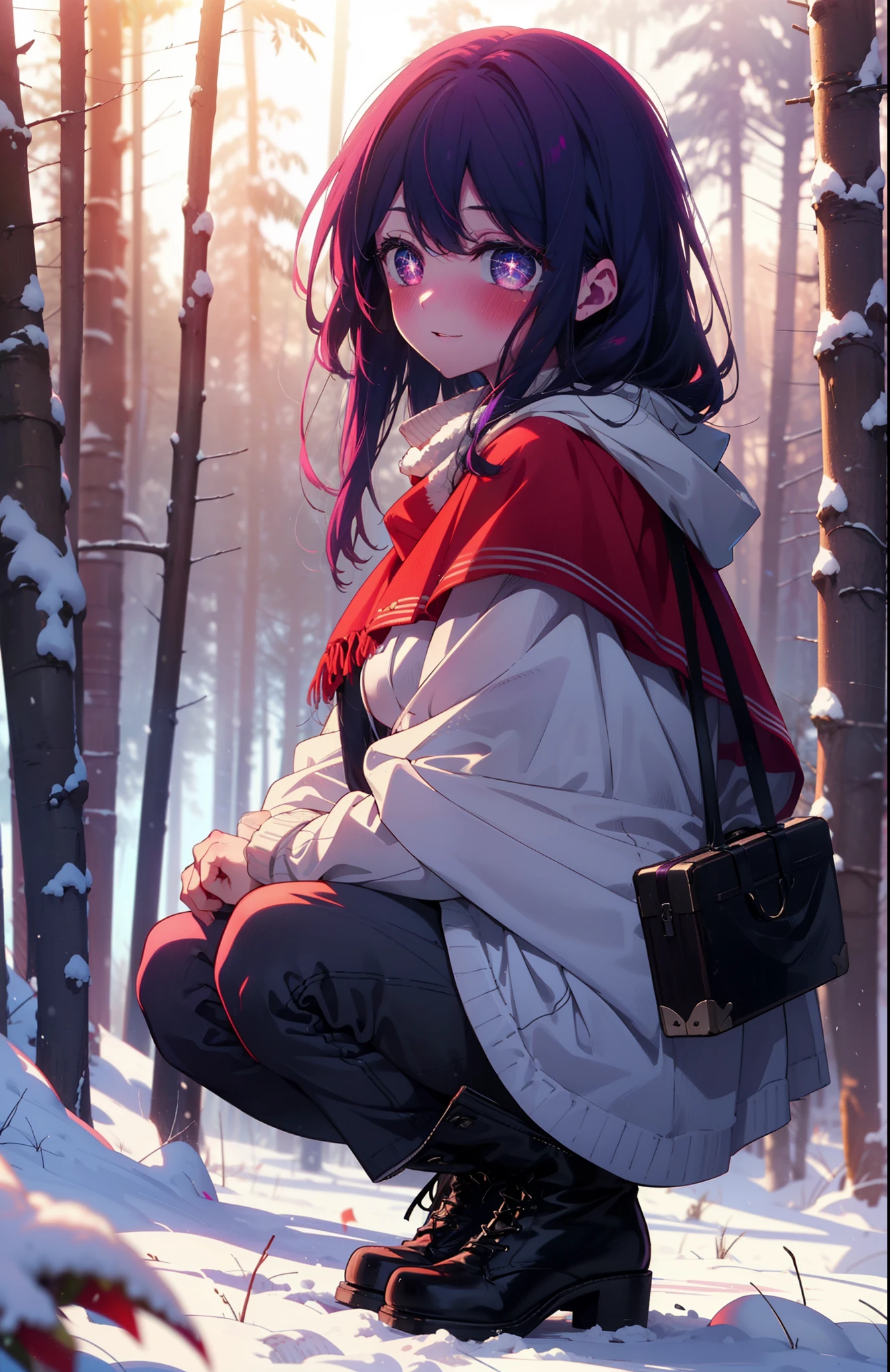 aihoshino, Ai Hoshino, Long Hair, bangs, (Purple eyes:1.1), Purple Hair, (Symbol-shaped pupil:1.5), smile,,smile,blush,white breath,
Open your mouth,snow,Ground bonfire, Outdoor, boots, snowing, From the side, wood, suitcase, Cape, Blurred, , forest, White handbag, nature,  Squat, Mouth closed, Cape, winter, Written boundary depth, Black shoes, red Cape break looking at viewer, Upper Body, whole body, break Outdoor, forest, nature, break (masterpiece:1.2), Highest quality, High resolution, unity 8k wallpaper, (shape:0.8), (Beautiful and beautiful eyes:1.6), Highly detailed face, Perfect lighting, Highly detailed CG, (Perfect hands, Perfect Anatomy),