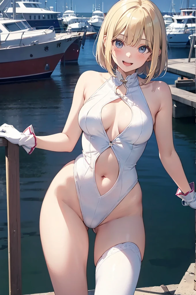 1young_teen_ girl,blond_hair,medium_bob_hair,white_leotard,,thigh,medium_breasts,smile,open_mouth,harbor_background,apart_legs,happy,short_gloves ,solo, navel,_groin