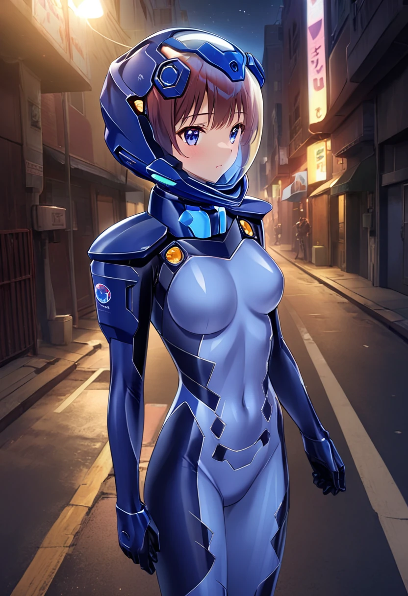 short hair, street, emo, BLACK hair, white eyes, eyeliner, apocalypse, (astronaut, girl, road, city, fortified suit, ((blue:1.5) plugsuit), short hair, outdoors, cinematic light, medium breasts, covered navel, space helmet, muvluv, space helm, eva helmet,[legs bent,, upper body,from the front