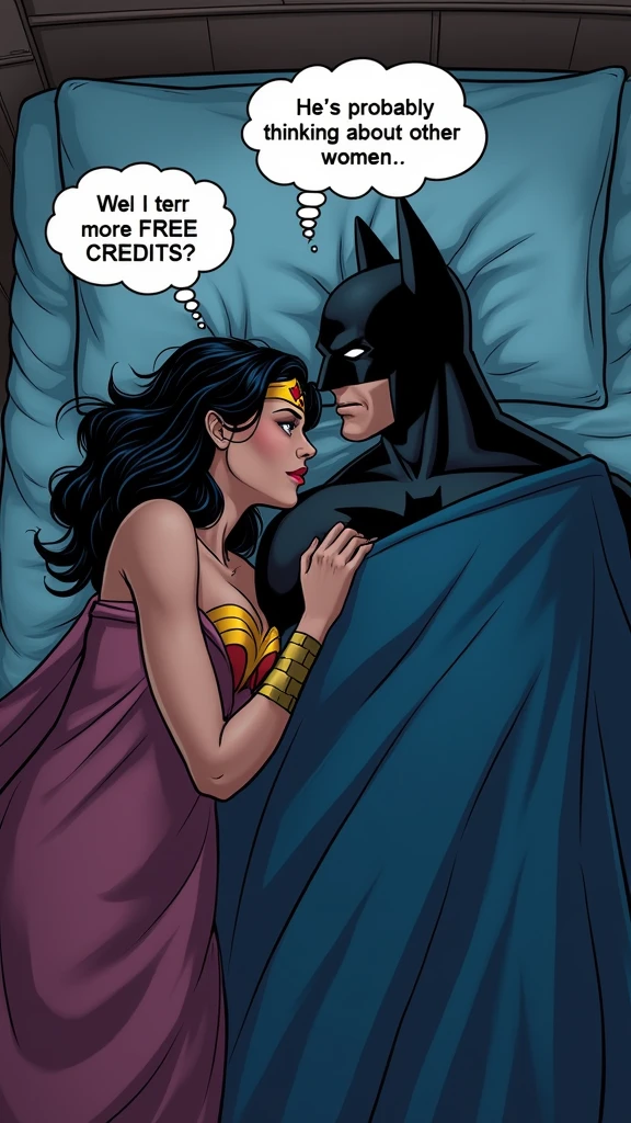 couple, wonderwoman and Batman lying in bed under blankets turned away from each other, seen from above, wearing pajamas , wonderwoman turning towards Batman, thinking bubble above her head with text "He's probably thinking about other women.", open eyes , thinking bubble above man's head with text "How do I earn more FREE CREDITS?"