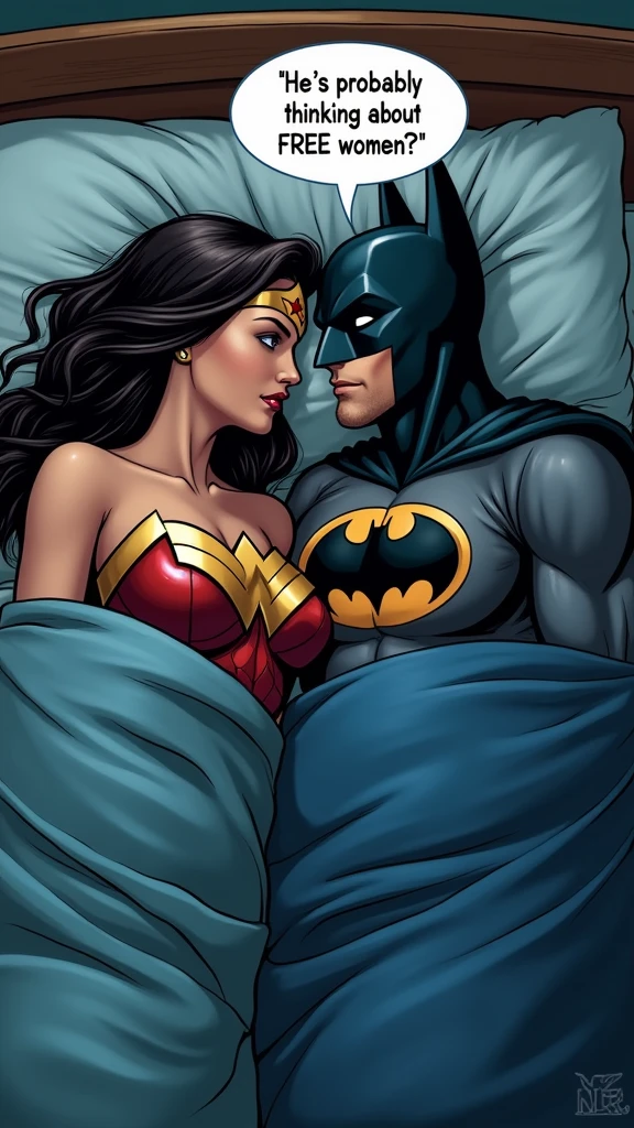 couple, wonderwoman and Batman lying in bed under blankets turned away from each other, seen from above, wearing pajamas , wonderwoman turning towards Batman, thinking bubble above her head with text "He's probably thinking about other women.", open eyes , thinking bubble above man's head with text "How do I earn more FREE CREDITS?"