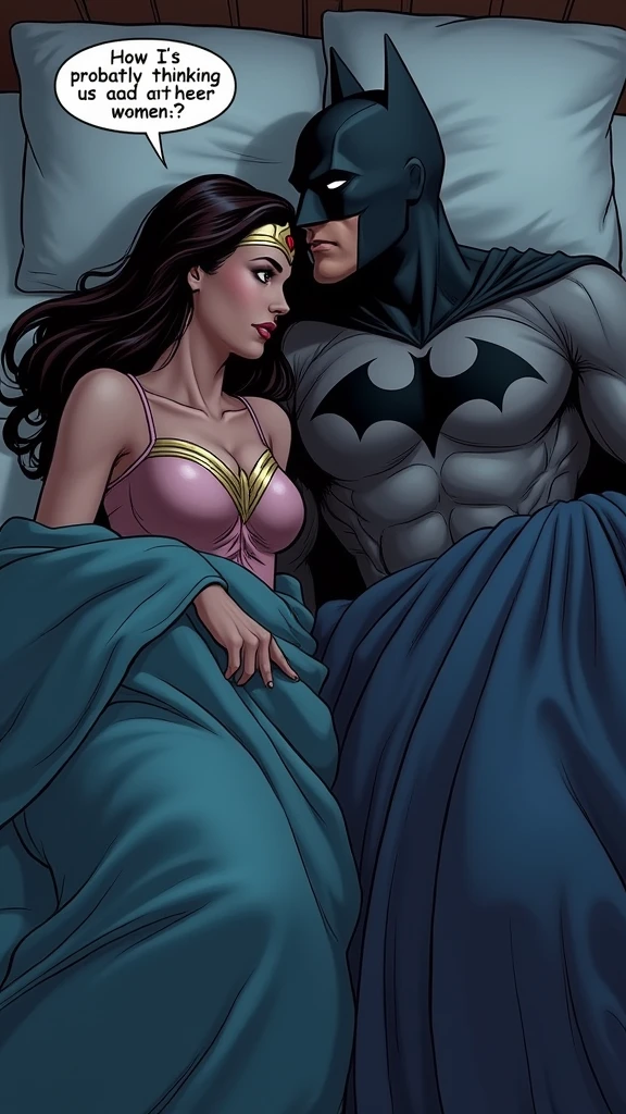 couple, wonderwoman and Batman lying in bed under blankets turned away from each other, seen from above, wearing pajamas , wonderwoman turning towards Batman, thinking bubble above her head with text "He's probably thinking about other women.", open eyes , thinking bubble above man's head with text "How do I earn more FREE CREDITS?"