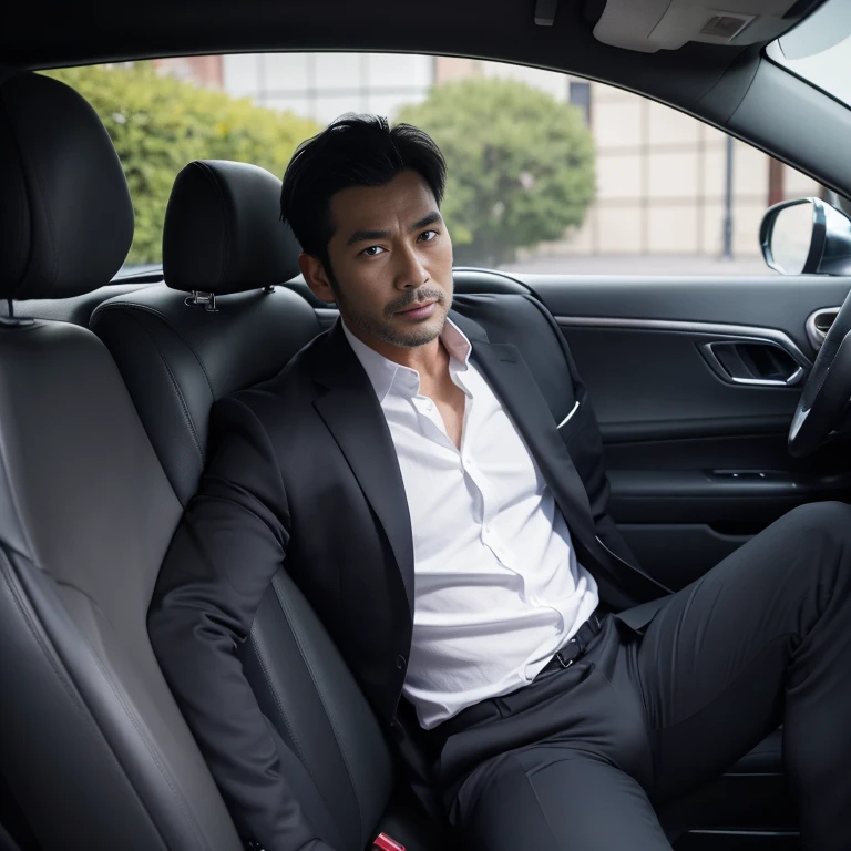 50 years old,One Man,Black Suit,Inside the car、squat、Tall dark-skinned man、Dark Asian face,muscle,Gay ,7:3 parting / all back,Stubble、Open your legs、The groin area is swollen、Stubble,Asian man's face,Hermes Belt。Black socks、View from the front