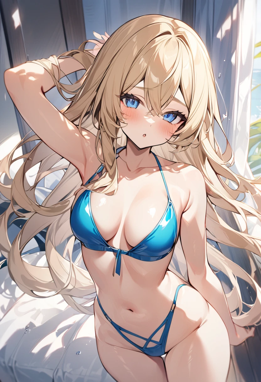 One Girl、Semi-long hair、blonde、blue eyes、like々New Appearance、Slightly large chest、(Slightly large chest:1.4)、V front micro plunge swimsuit、(シースルーのV front micro plunge swimsuit)、