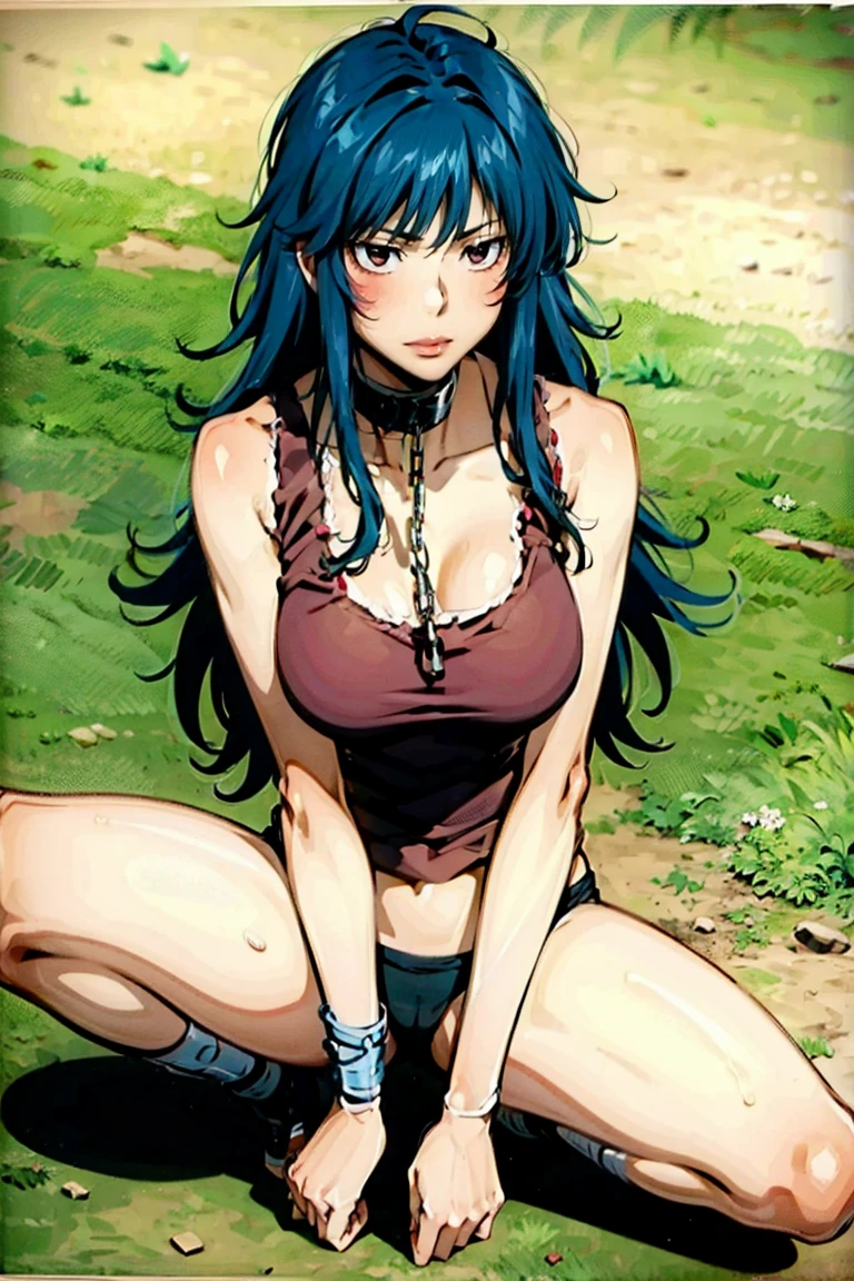 red eyes, blue hair, long hair, messy hair, (((red tank top))), navel, bare shoulder, hair between eyes, straight hair, gleaming kin, oil skin, shiny skin, sweat, wet skin, large breasts, cleavage, (((paw pose, squatting, open legs))), (((chain leash, viewer holding chain leash, animal collar, animal collar connected chain leash, pet play, collar))),