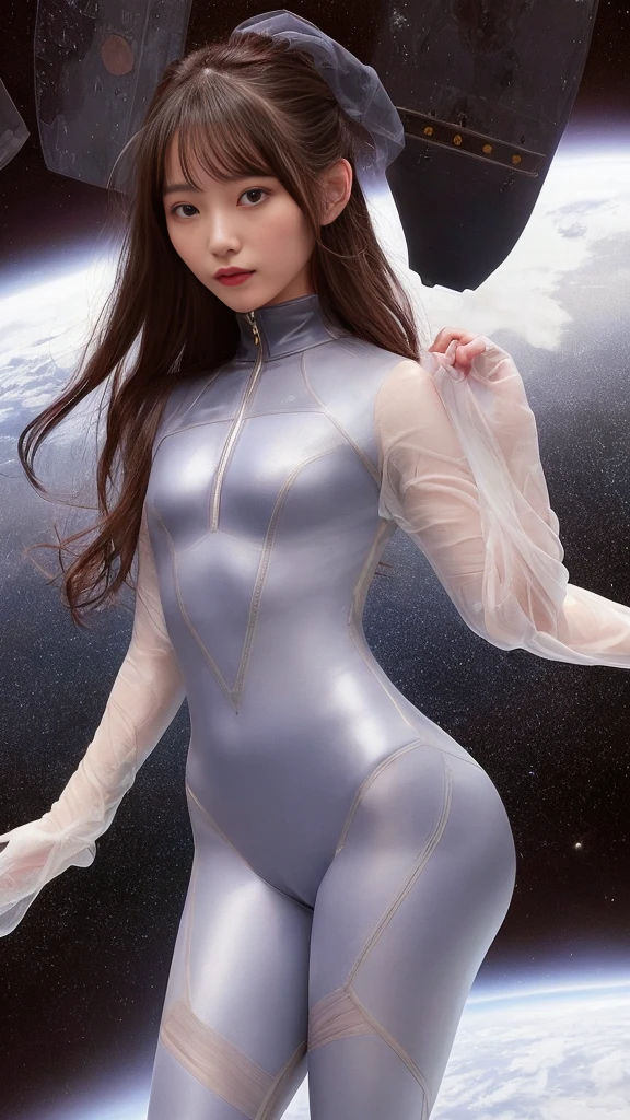A stunning Japanese woman in a sleek, form-fitting spacesuit that accentuates her graceful curves, embodying both elegance and allure. Her face is exquisitely beautiful, with delicate features that include almond-shaped eyes, full lips, and a flawless complexion that glows under the soft lights of the space station. Her hair is long, silky, and jet black, either flowing freely or styled in a way that complements her futuristic attire. The spacesuit is a deep metallic color, perhaps silver or dark blue, with subtle details that enhance its sophisticated design, such as intricate patterns, metallic sheen, and luminous accents. The suit's material clings to her body like a second skin, highlighting her toned figure, while also being adorned with small technological elements that hint at advanced space technology. The setting is a high-tech space environment, with the woman standing confidently in front of a large window overlooking the vast expanse of space, or perhaps floating gracefully in zero gravity. Her posture is poised and confident, exuding a sense of power and intelligence, yet she also possesses a soft, alluring femininity. The overall mood is one of mystery, allure, and a hint of danger, as if she is on a secret mission in the depths of space, ready to take on any challenge that comes her way. The lighting is cinematic, with soft, glowing highlights and deep shadows that add depth to the scene, making her appear almost ethereal in the vastness of space.