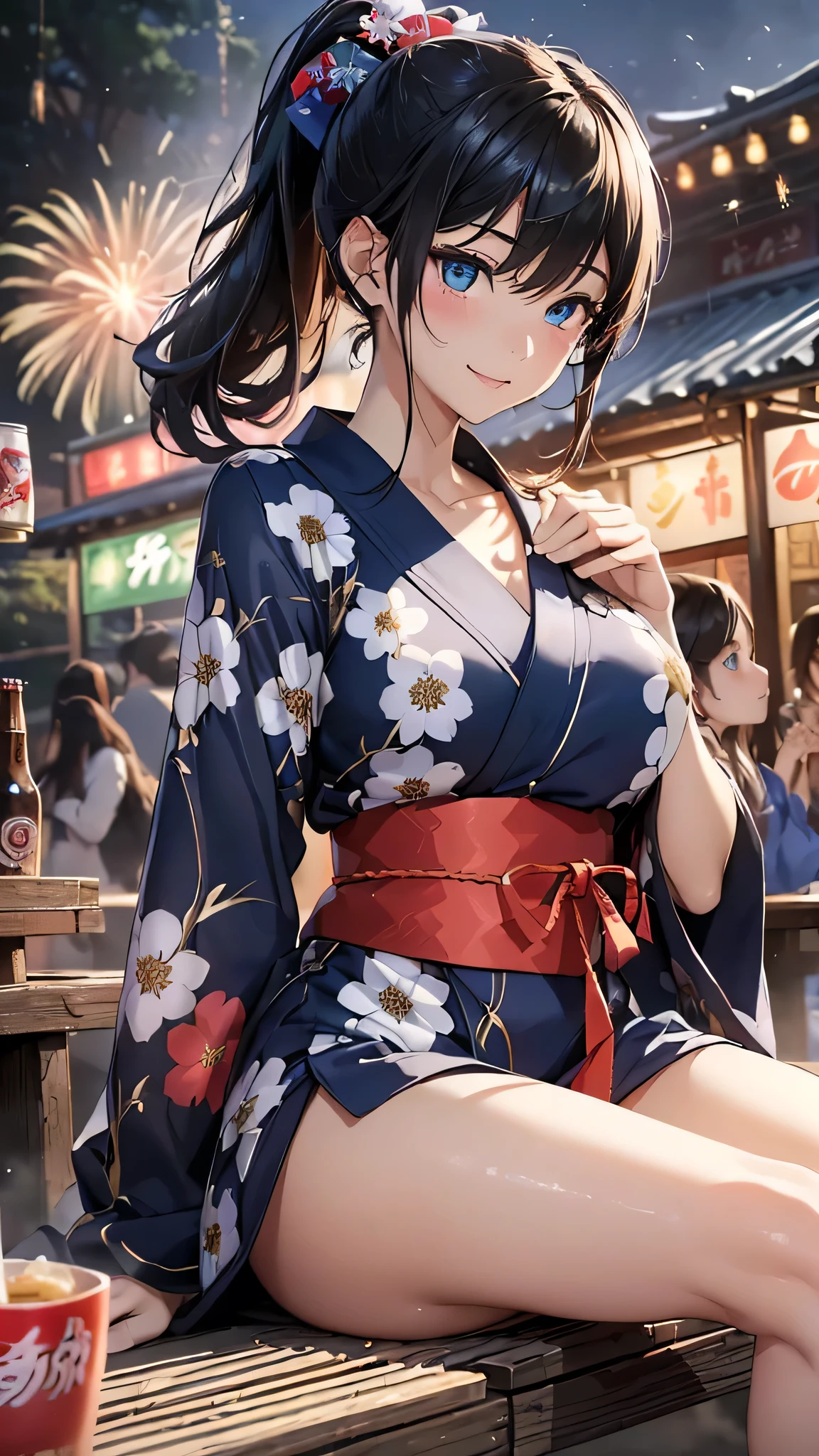 最high quality、Best image quality、masterpiece、With a girl((cute、20-year-old、Best Bust、Medium Bust、Beautiful Blue Eyes、Spread your chest wide,Black Hair、ponytail、Disheveled Hair、thin、Highest Valley、Red yukata、smile))high quality、Beautiful art、background((night、festival、stall、Fireworks、Beer )),Tabletop、Exquisite design、Visual Arts、Written boundary depth、Best lighting、Highest detail、8k