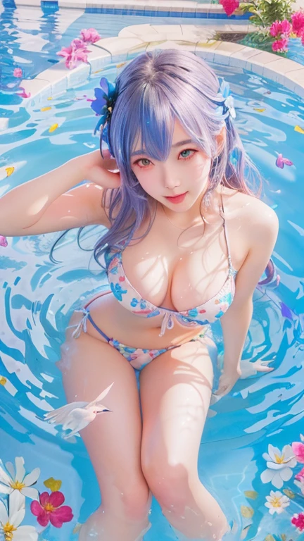  girl in a pool with flowers and a bird, seductive girl, wallpaper blue water, ahegao, splash art loli, , clean detailed art, top rated on pixiv, detailed artwork, detailed digital art, moe artstyle, nightcore, style 4 k, beautiful alluring woman