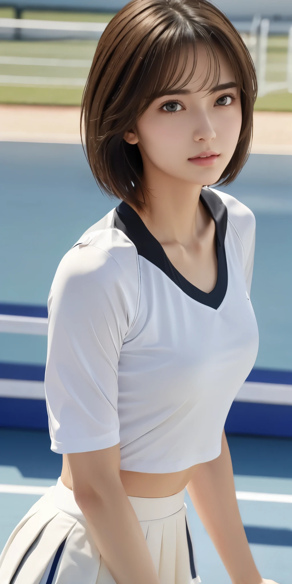 Photorealistic、Highest quality、Highest quality、masterpiece、Ultra-high resolution、Raw photo、Realistic、Bright lighting、Face Light、Smooth Professional Lighting、Looking at the camera、alone、Mature Woman、Adult women、Beautiful woman、Super Beauty、Realistic肌、Moisturized Skin、Realistic eyes and faces、Perfect model body shape、Beautiful Eyes、Big eyes、Inconspicuous tear bags、inconspicuous clavicle、slim、Big Breasts、No bra、No makeup、Camel Toe、Very short hair、Black Hair、Black Eye、The ears are hidden in the hair、Paris Olympics、Olympic Venues、In competition、During the game、(((Tennis Wear、White Skirt、No sleeve)))、Tennis court、Tennis uniform、