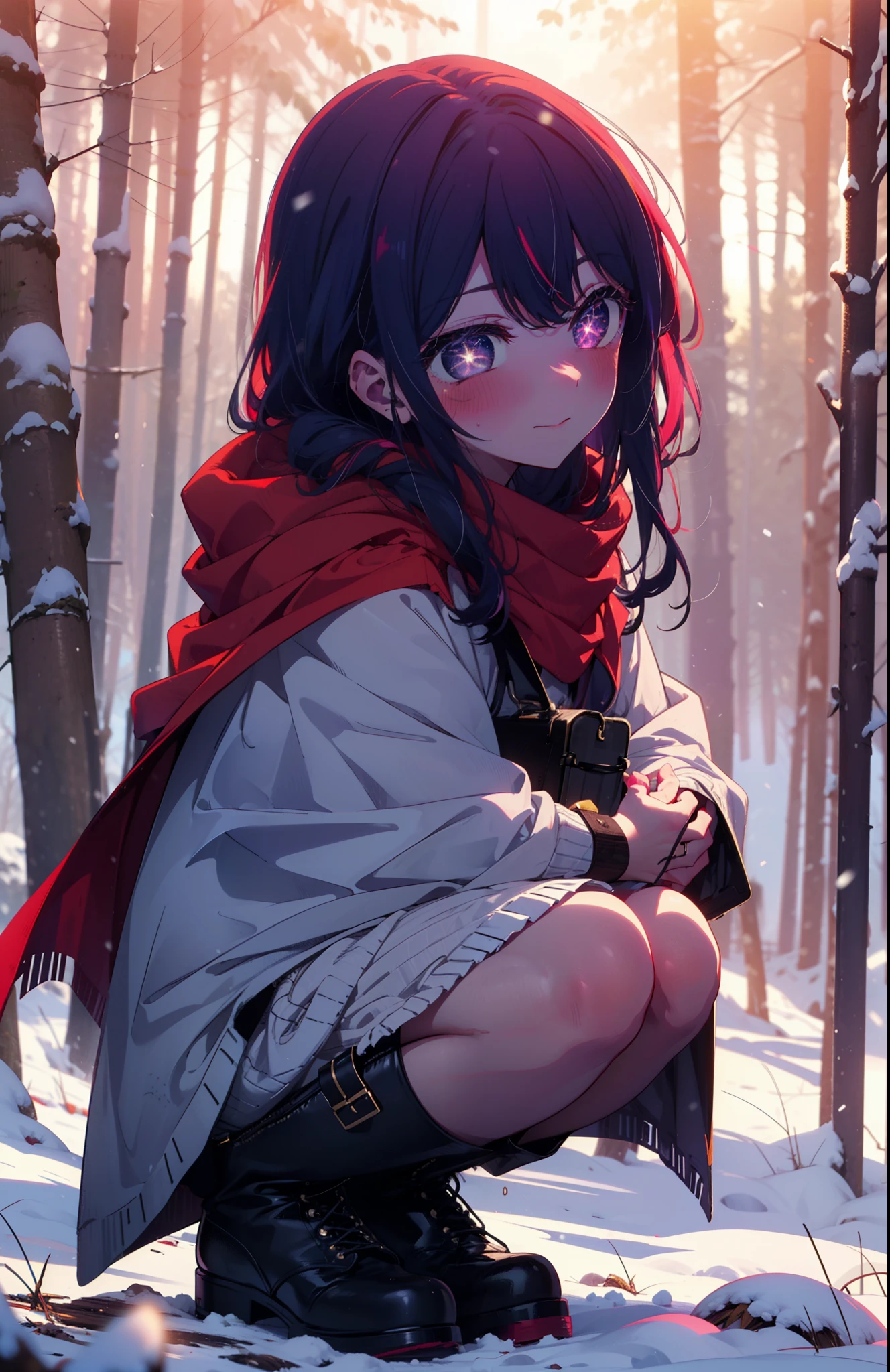 aihoshino, Ai Hoshino, Long Hair, bangs, (Purple eyes:1.1), Purple Hair, (Symbol-shaped pupil:1.5), smile,,smile,blush,white breath,
Open your mouth,snow,Ground bonfire, Outdoor, boots, snowing, From the side, wood, suitcase, Cape, Blurred, , forest, White handbag, nature, Squat, Mouth closed, Cape, winter, Written boundary depth, Black shoes, red Cape break looking at viewer, Upper Body, whole body, break Outdoor, forest, nature, break (masterpiece:1.2), Highest quality, High resolution, unity 8k wallpaper, (shape:0.8), (Beautiful and beautiful eyes:1.6), Highly detailed face, Perfect lighting, Highly detailed CG, (Perfect hands, Perfect Anatomy),