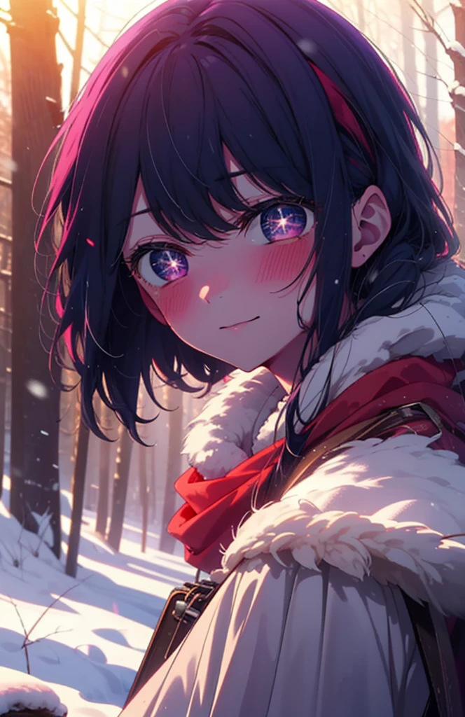 aihoshino, Ai Hoshino, Long Hair, bangs, (Purple eyes:1.1), Purple Hair, (Symbol-shaped pupil:1.5), smile,,smile,blush,white breath,
Open your mouth,snow,Ground bonfire, Outdoor, boots, snowing, From the side, wood, suitcase, Cape, Blurred, , forest, White handbag, nature,  Squat, Mouth closed, Cape, winter, Written boundary depth, Black shoes, red Cape break looking at viewer, Upper Body, whole body, break Outdoor, forest, nature, break (masterpiece:1.2), Highest quality, High resolution, unity 8k wallpaper, (shape:0.8), (Beautiful and beautiful eyes:1.6), Highly detailed face, Perfect lighting, Highly detailed CG, (Perfect hands, Perfect Anatomy),