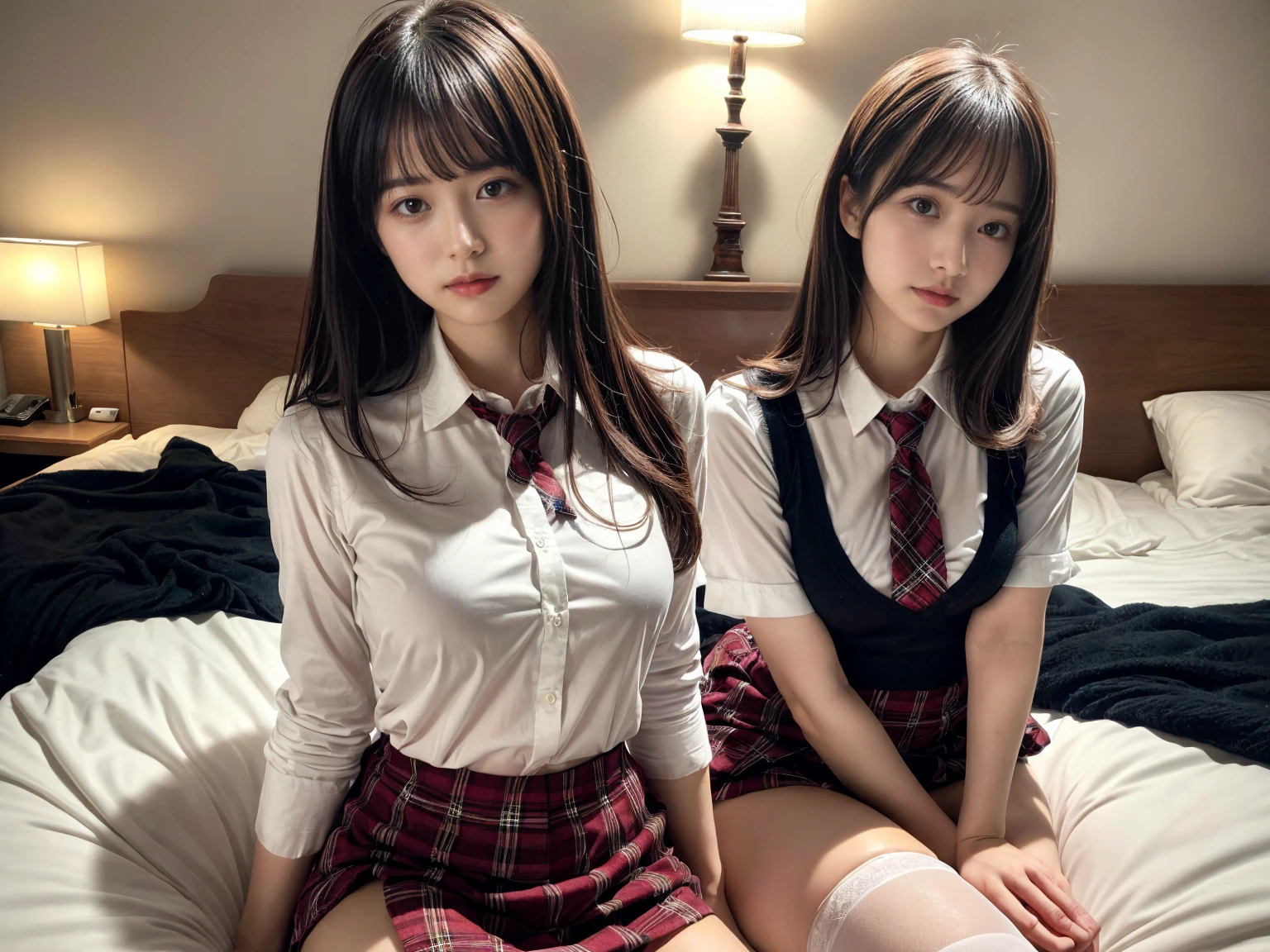 masterpiece, best quality, illustration, Super detailed, fine details, High resolution, 8K,wall paper, perfect dynamic composition,(Details High quality, realistic depiction of eyes:1.3), (3 girls), (white school shirt :1.2), (plaid skirt :1.3), tie black, black thigh-high stockings, sitting, open legs, short bob hair, in a hotel room in the background, deep on field, large breasts, black hair color, Big Natural Color Lip, (perfect body shape), crying a little、Harajuku style、20 year old girl、cute type、beautiful legs, Gravure Idol