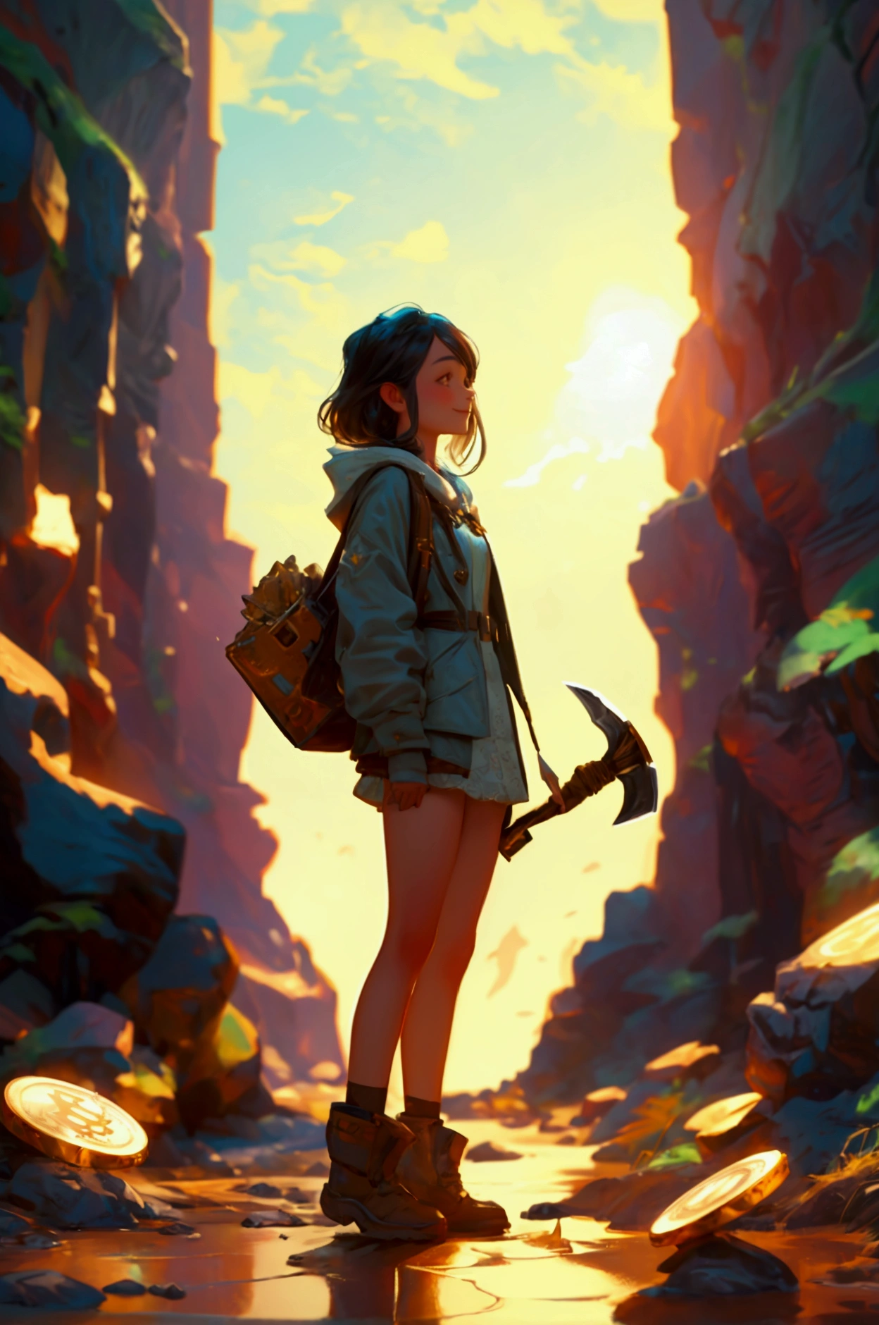 Create a beautifully detailed image featuring a cute girl  standing in a luxurious, photorealistic vertical scene discovering fossilized cryptocurrency. The girl should be holding a pickaxe and look overjoyed with the valuable find. The background should include layers of earth with embedded Bitcoin and other cryptocurrency symbols. The overall theme and style of the image should be preserved exactly, maintaining the photorealistic style, rich details, and warm lighting.