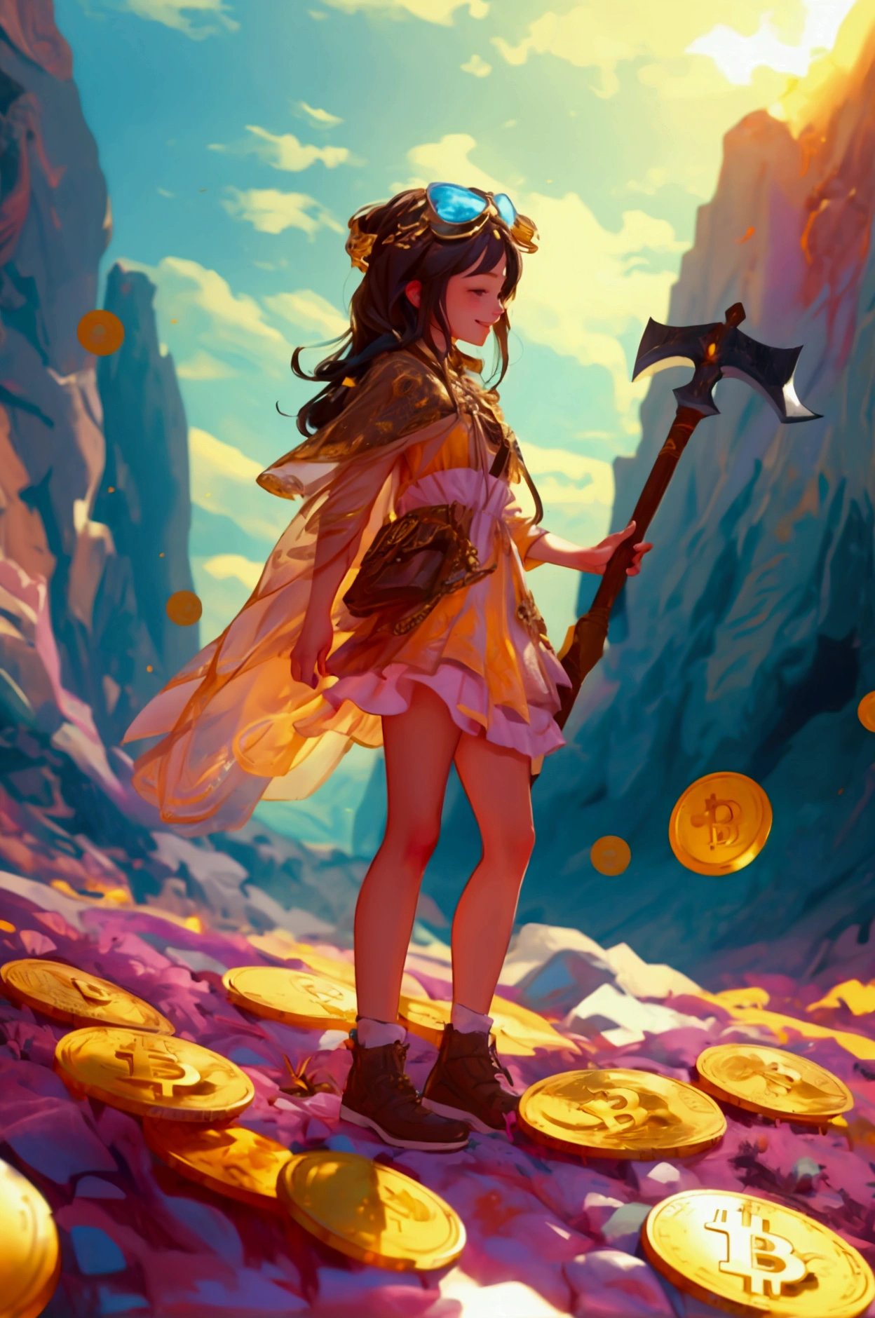 Create a beautifully detailed image featuring a cute girl standing in a luxurious, photorealistic vertical scene discovering fossilized cryptocurrency. The girl should be holding a pickaxe and look overjoyed with the valuable find. The background should include layers of earth with embedded Bitcoin and other cryptocurrency symbols. The overall theme and style of the image should be preserved exactly, maintaining the photorealistic style, rich details, and warm lighting.