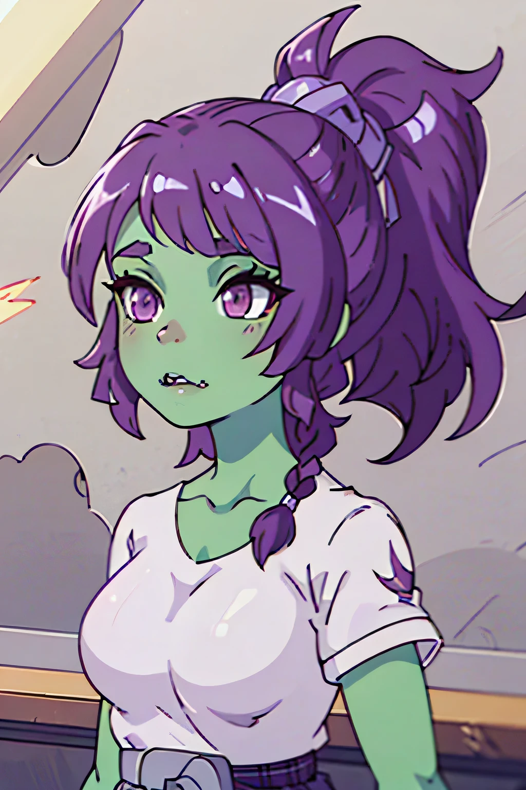 photo of beautiful Orc, RAW, beautiful woman, (portrait), (detailed anime face, purple anime eyes:1.2), (detailed green anime skin, dark green makeup, anime lips, smooth green skin: 1.22), (Long dark purple braided ponytail: 1.4), (perfect proportioned body, Strong, muscular, narrow waist, narrow hips, skinny, medium breasts), (she wears a ultra short skirt, shirt, plaid skirt, white fitted shirt, plaid, short sleeves, school uniform, jewelry, pleated skirt), (detailed high school background, Japanese school), (realistic photo, best quality, detailed), (8k wallpaper), (cinematic lighting, beautiful light, (day:1.3)) (sharp focus, intricate)