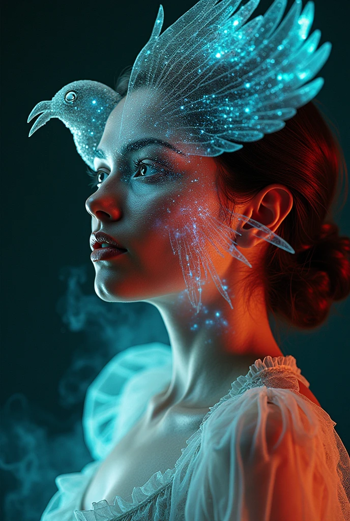 Hologram of a woman and a bird mixed together, Stylish aesthetics, crazy woman, Model is watching the viewer, Gucci Colors, Extremely detailed, Movie, Movie Stills, Practical, 35 mm, 1.四 f, 8K