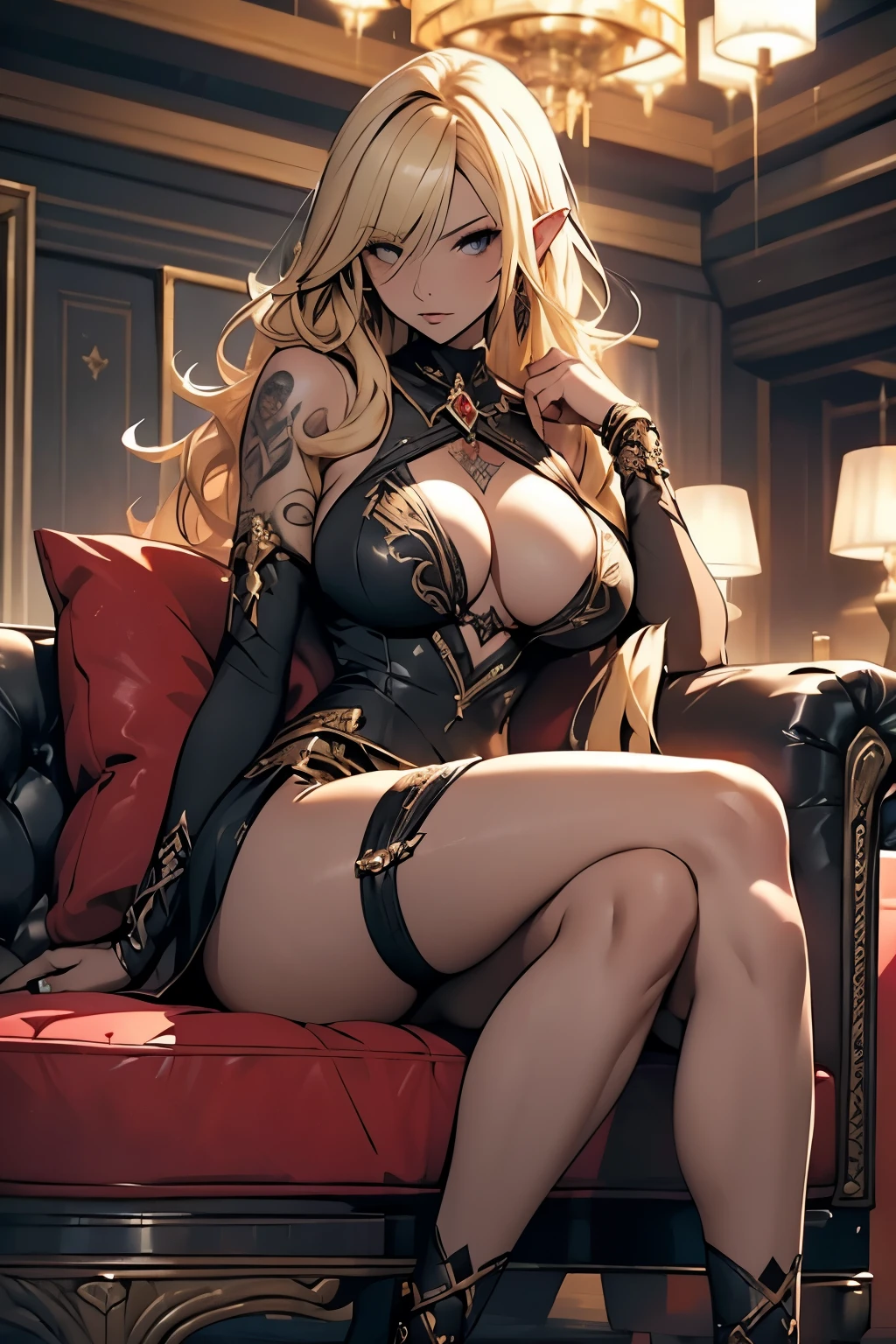 (Blonde)、(Dark Elf Noble)、(Huge breasts)、(Black short bodycon mini skirt、Big slit)、Fantasy decoration、(Full body tattoos)、(Female Gangster)、Inside the casino、poker、Sit on a plush sofa、Crossing your legs