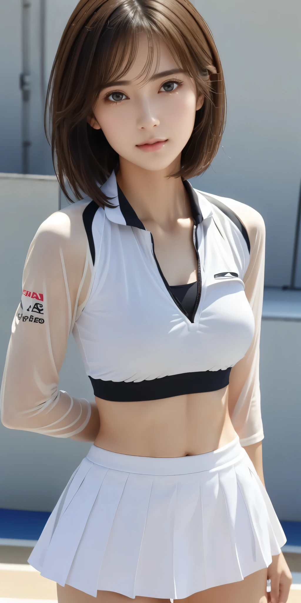 Photorealistic、Highest quality、Highest quality、masterpiece、Ultra-high resolution、Raw photo、Realistic、Bright lighting、Face Light、Smooth Professional Lighting、Looking at the camera、alone、Mature Woman、Adult women、Beautiful woman、Super Beauty、Realistic肌、Moisturized Skin、Realistic eyes and faces、Perfect model body shape、Beautiful Eyes、Big eyes、Inconspicuous tear bags、inconspicuous clavicle、slim、Big Breasts、No bra、No makeup、Camel Toe、Very short hair、Black Hair、Black Eye、The ears are hidden in the hair、Paris Olympics、Olympic Venues、In competition、During the game、(((Tennis Wear、White Skirt、No sleeve)))、Tennis court、Tennis uniform、