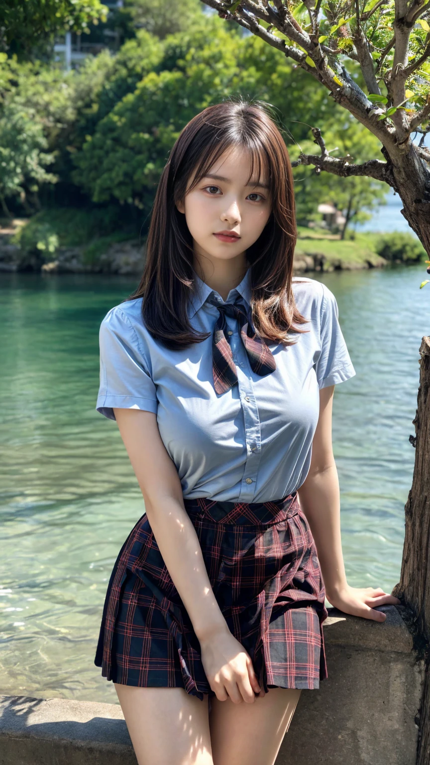 (absurdres:1.3), (highres:1.3), (ultra detailed:1.3),(1girl:1.3), (extremely detailed CG unity 8k wallpaper:1.3), (detailed skin texture, detailed cloth texture, detailed hair texture), (beautiful detailed face, supermodel, pale skin, realistic glistening skin), (RAW photo, best quality), (realistic, photo-realistic:1.4), masterpiece, extremely delicate and beautiful,Amazing, finely detail, extremely detailed CG unity 8k wallpaper, huge filesize, ultra-detailed, highres, absurdres, soft light,rim light, vibrant details, hotel room, straight hair, large breasts, black hair color, Big Natural Color Lip, (perfect body shape), beautiful legs, 20 years old, Beauty、Well-formed face、Make your eyes even、Large sagging eyes、Beautiful black hair、Has bangedium build、Well-balanced proportions、Arms wrapped around his back, hands tie behind back, Tartan plaid pleated skirt、Blue Short Sleeve Blouse、Beautiful scenery、(front view:1.3), Leaning against a large tree on the shore of a beautiful lake、