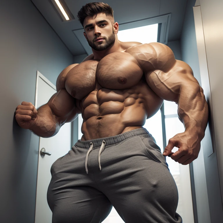 hyper growth, vlp, hyper muscles, furry growth, a very handsome young man, big eyes, muscular, shirtless, wearing long gray pants
