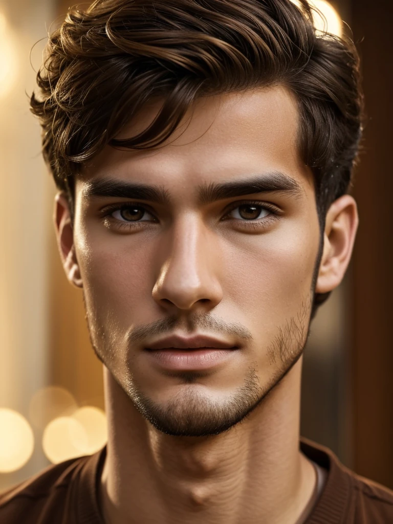 realistic boy, moreno, with short brown and disheveled hair, eyes the color of honey, straight and wide nose, defined lips