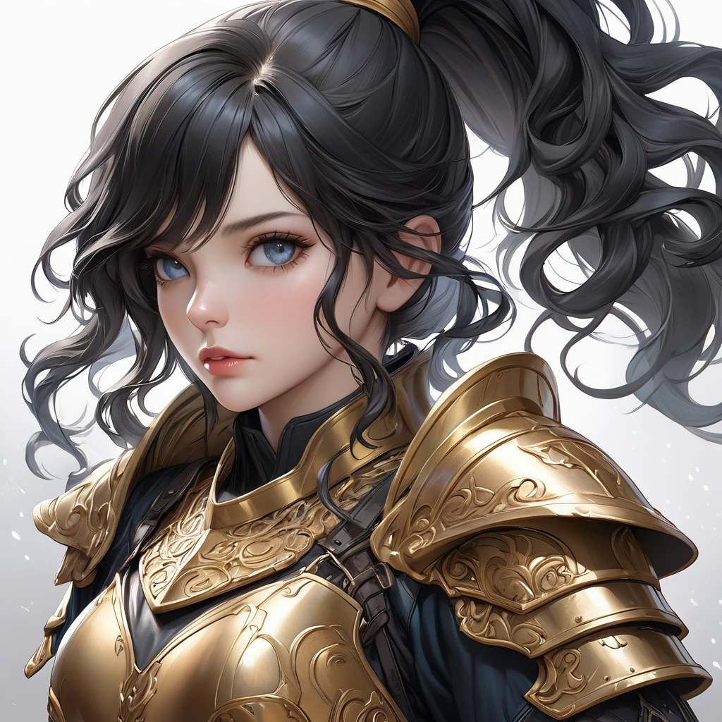 (8k, RAW photo, best quality, masterpiece:1.2), (realistic, photo-realistic:1.4), (extremely detailed CG unity 8k wallpaper), a full body (rogue:1.1) female wearing gold (leather armor:1.3), stiched worn out armor, (insanely detailed:1.5), gold and (white:1.5), Concept art portrait by Greg rutkowski, Artgerm, hyperdetailed intricately detailed gothic art trending on Artstation, fantastical, intricate detail, (small blue highlights:1), (black hair, wavy hair, high ponytail: 1.4)