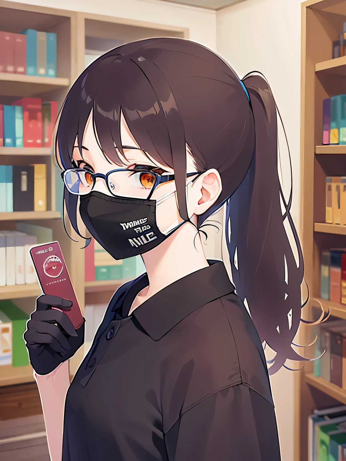 holding a small box, , plastic frame eyewear、( mouth mask:1.1), masterpiece、Highest quality、 ,BREAK (25-year-old woman) and (brown hair) and (low ponytail) and (orange eyes) BREAK、black polo shirt、Are standing、The background is the office、The upper body is shown、Alone、