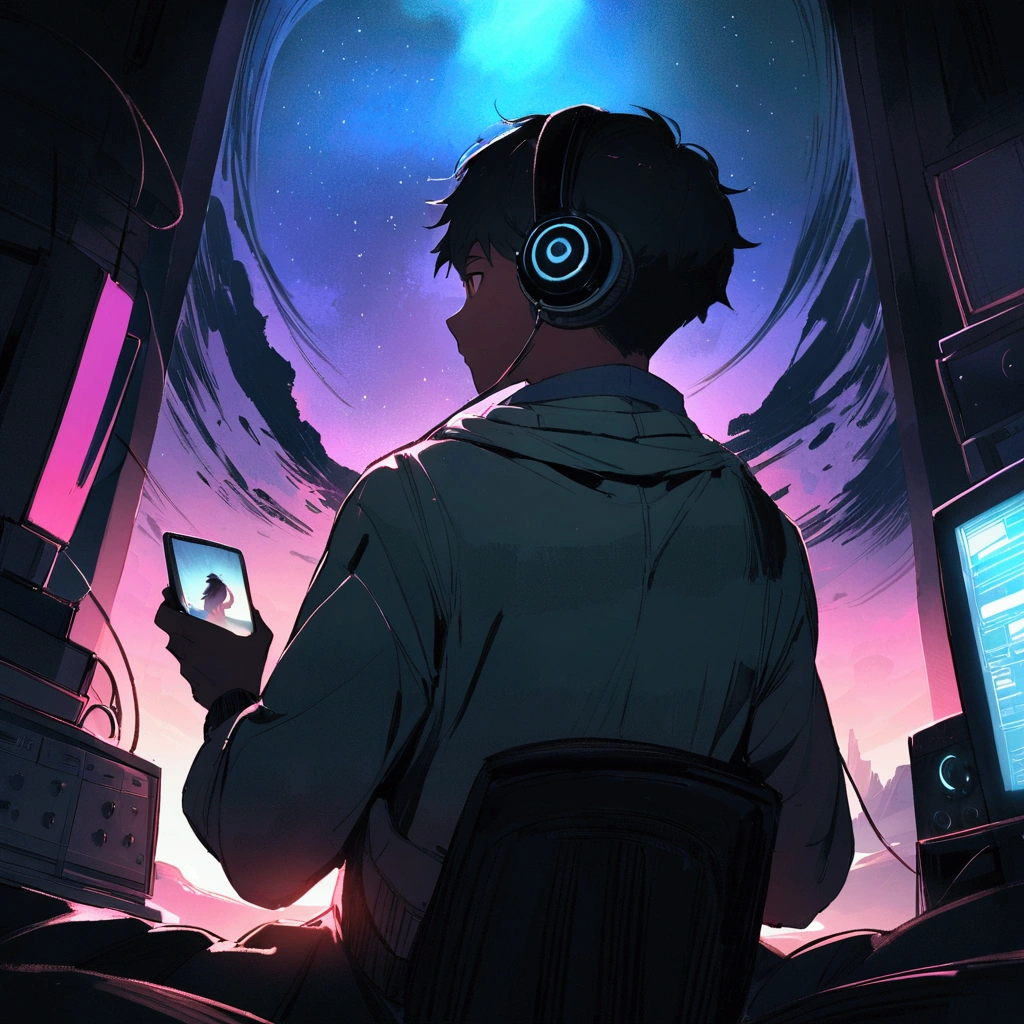 Back view of cool young man listening to music on computer in room full of gadgets, Pol Makoto Shinkai e Ghibli Studio, Dramatic lighting, God's Perspective, Great quality, Dark Skin, Cone Fade、Space landscape with earth on top、creative、neon、Near future