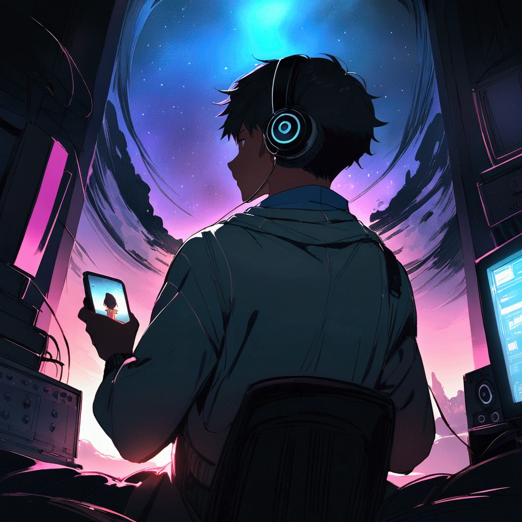 Back view of cool young man listening to music on computer in room full of gadgets, Pol Makoto Shinkai e Ghibli Studio, Dramatic lighting, God&#39;s Perspective, Great quality, Dark Skin, Cone Fade、Space landscape with earth on top、creative、neon、Near future