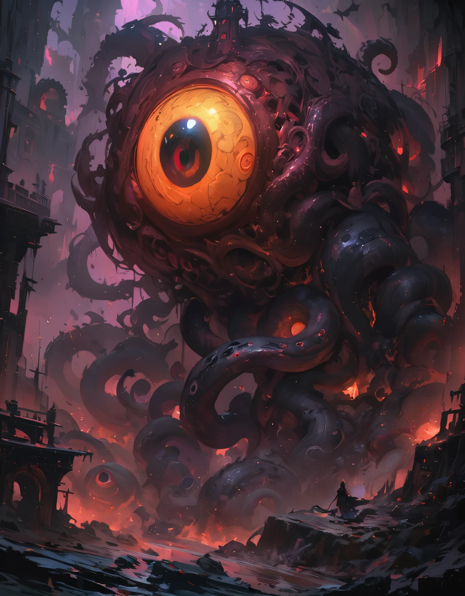 Eye of the Beholder, huge eyeball, abyssal, Deep Dungeon, Spooky atmosphere, 暗くて不吉なダンジョンに浮かぶhuge eyeball, Countless tentacles, Wear a black aura, Miasma is floating, Intricate details, Very detailed, Surreal, Fantasy art, Dramatic lighting, Moody atmosphere, Dark fantasy, Cinematic, Dark colors, Chiaroscuro, Dramatic Shadows, Digital Painting, Concept Art, Dark and gritty, (Highest quality:1.2, 4K, 8k, Very detailed, Attention to detail, masterpiece:1.2, Best aesthetics),