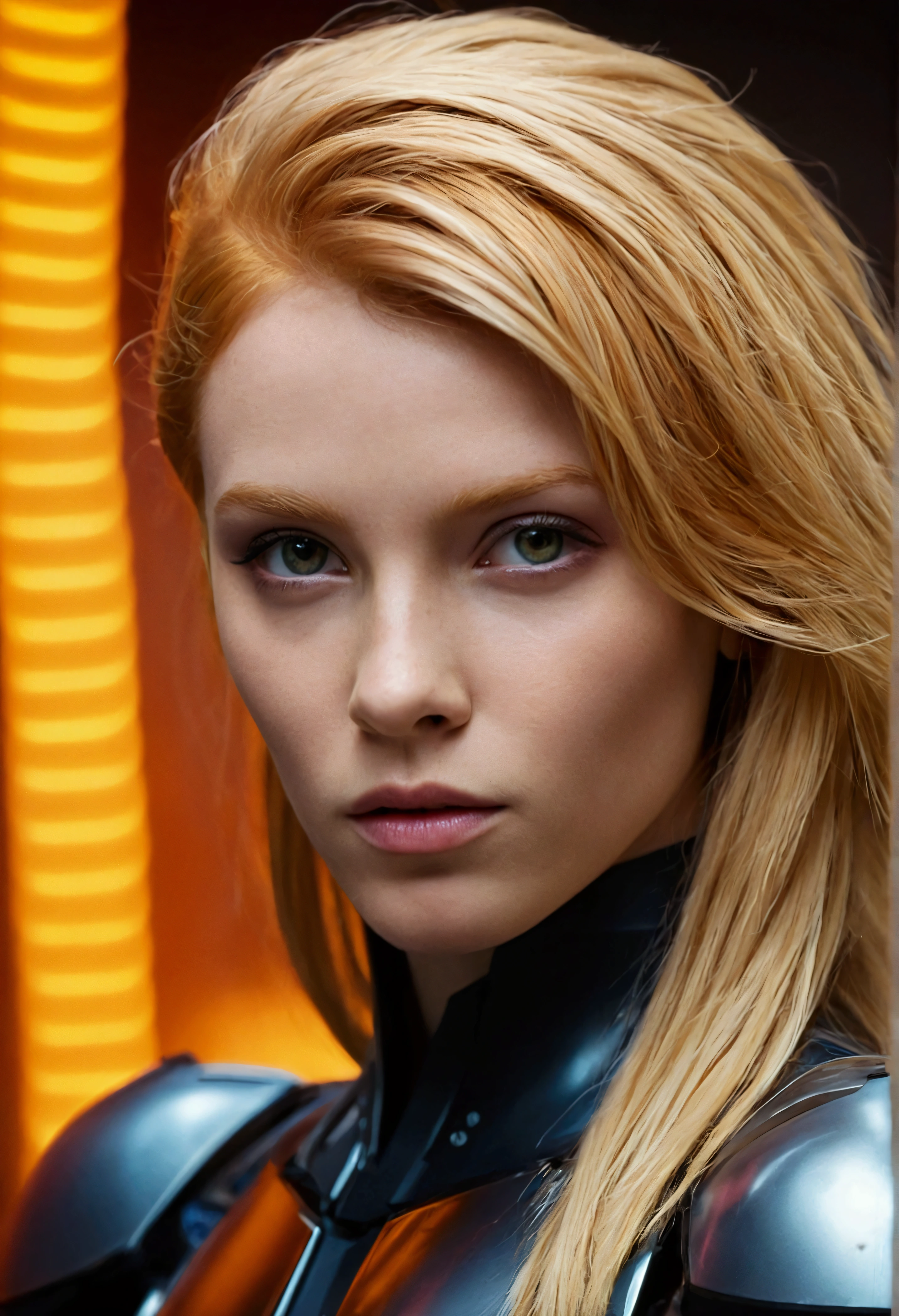 cinematic film, photography realistic,
best qualityer, CRU photo, facial portrait, a young cyborg with fiery blonde hair. Her face fills the frame, bathed in neon tones, Exuding determination and mystery amidst a futuristic setting, Fujicolor Pro 400H, USM
,Shallow depth of field, vignette, highy detailed, high budget, bokeh, cinemascope, temperamental, epic, marvelous, film grain, grainy,