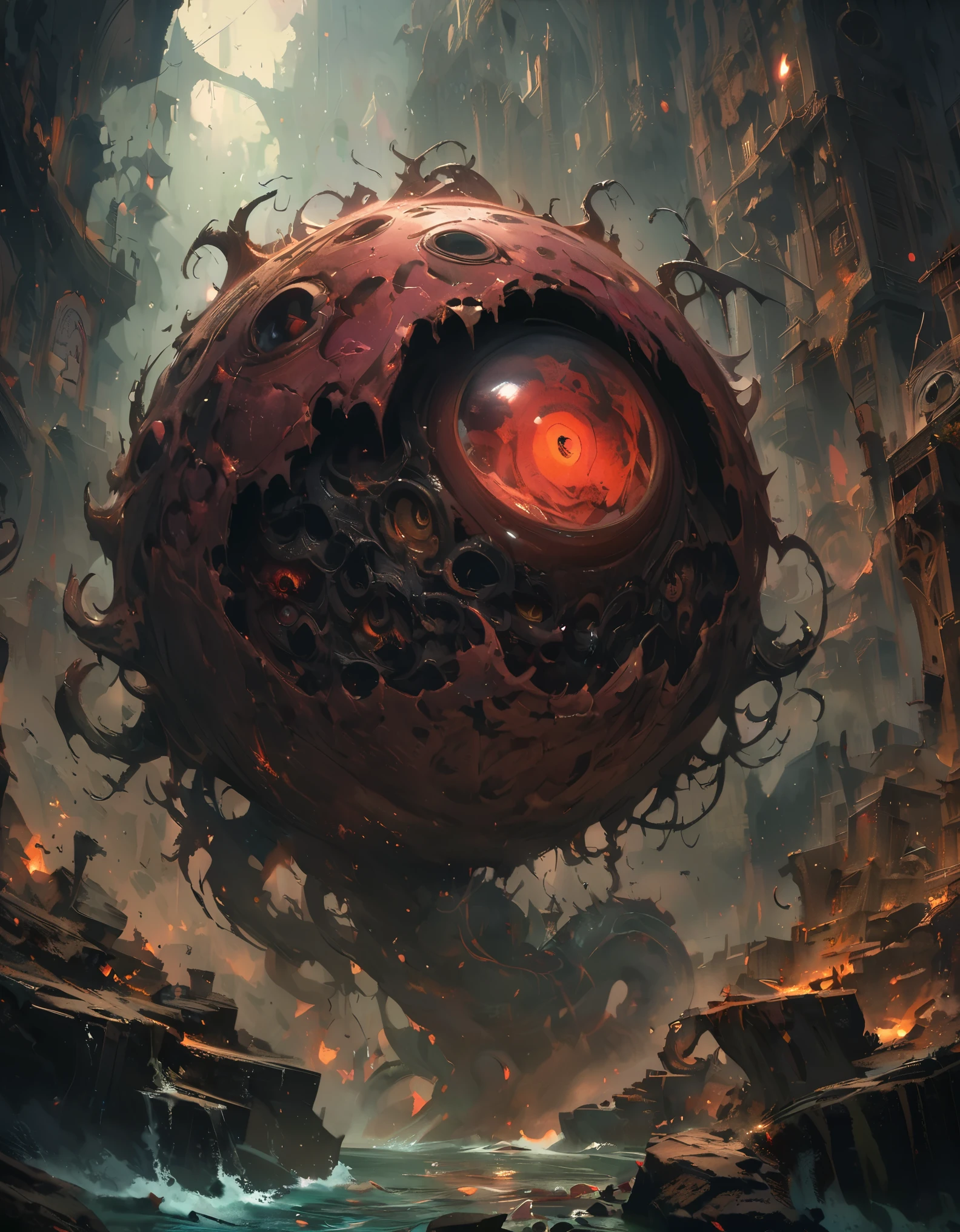 Eye of the Beholder, huge eyeball, abyssal, Deep Dungeon, Spooky atmosphere, 暗くて不吉なダンジョンに浮かぶhuge eyeball, Countless tentacles, Wear a black aura, Miasma is floating, Intricate details, Very detailed, Surreal, Fantasy art, Dramatic lighting, Moody atmosphere, Dark fantasy, Cinematic, Dark colors, Chiaroscuro, Dramatic Shadows, Digital Painting, Concept Art, Dark and gritty, (Highest quality:1.2, 4K, 8k, Very detailed, Attention to detail, masterpiece:1.2, Best aesthetics),