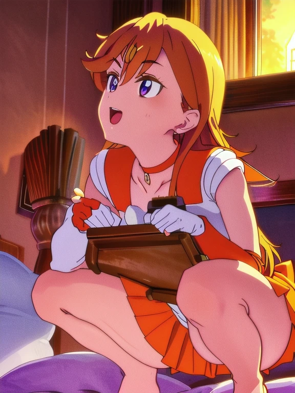 masterpiece, best quality, highres, sv1, 1girl, sailor senshi uniform, medium breast, smile, open mouth, orange skirt, elbow gloves, tiara, orange sailor collar, red bow, orange choker, white gloves, jewelry,smile, brush, from below, Panty shot, Love juice, squatting on bed, white leotard, milf, ornate fabric, leather texture, dramatic lighting, cinematic shot, atmospheric, depth of field, comic style, watercolor style, floating hair, wind, wind lift, shiny hair, bed, bedroom, arms behind head